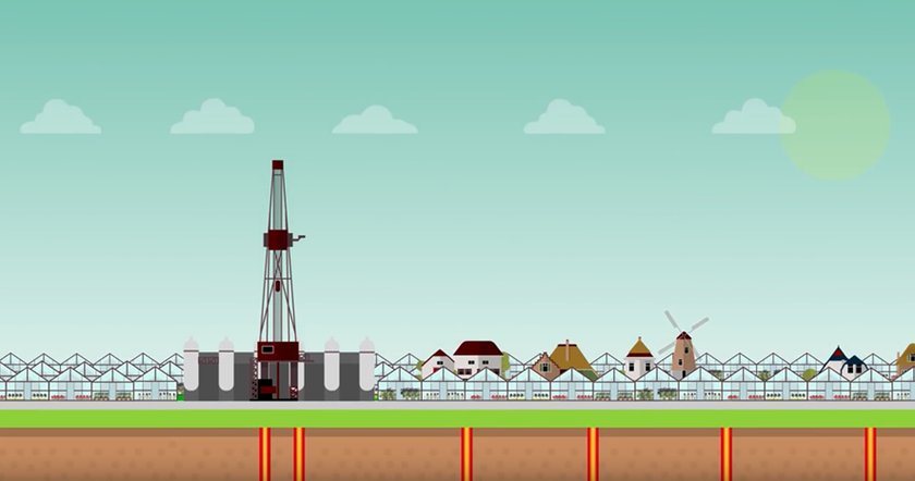 tekening van boortoren tussen de kassen