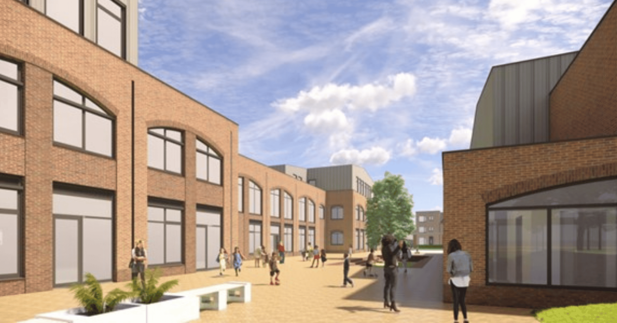 Rendering gebouw met ramen met bogen.