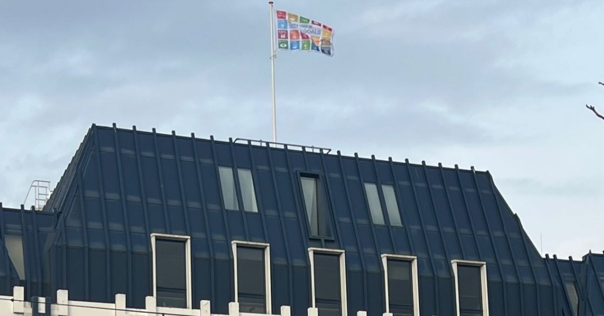 De SDG-vlag wappert bij BNG Bank als symbool voor betrokkenheid bij vijf duurzame ontwikkelingsdoelen.