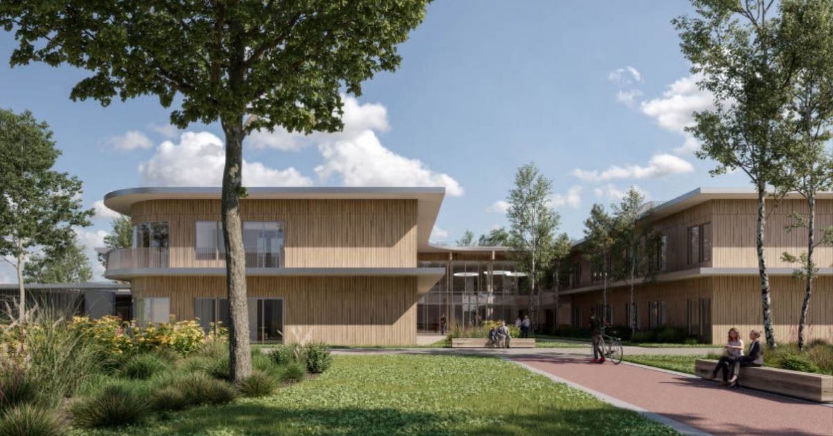 Rendering van een gebouw met een moderne uitstraling, twee verdiepingen en een rustige, groene omgeving eromheen.