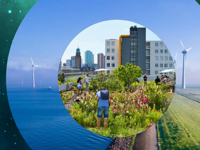 Cover van Klimaatplan Going Green met daarop in en cirkel een dakterras met bloemen in een stad.