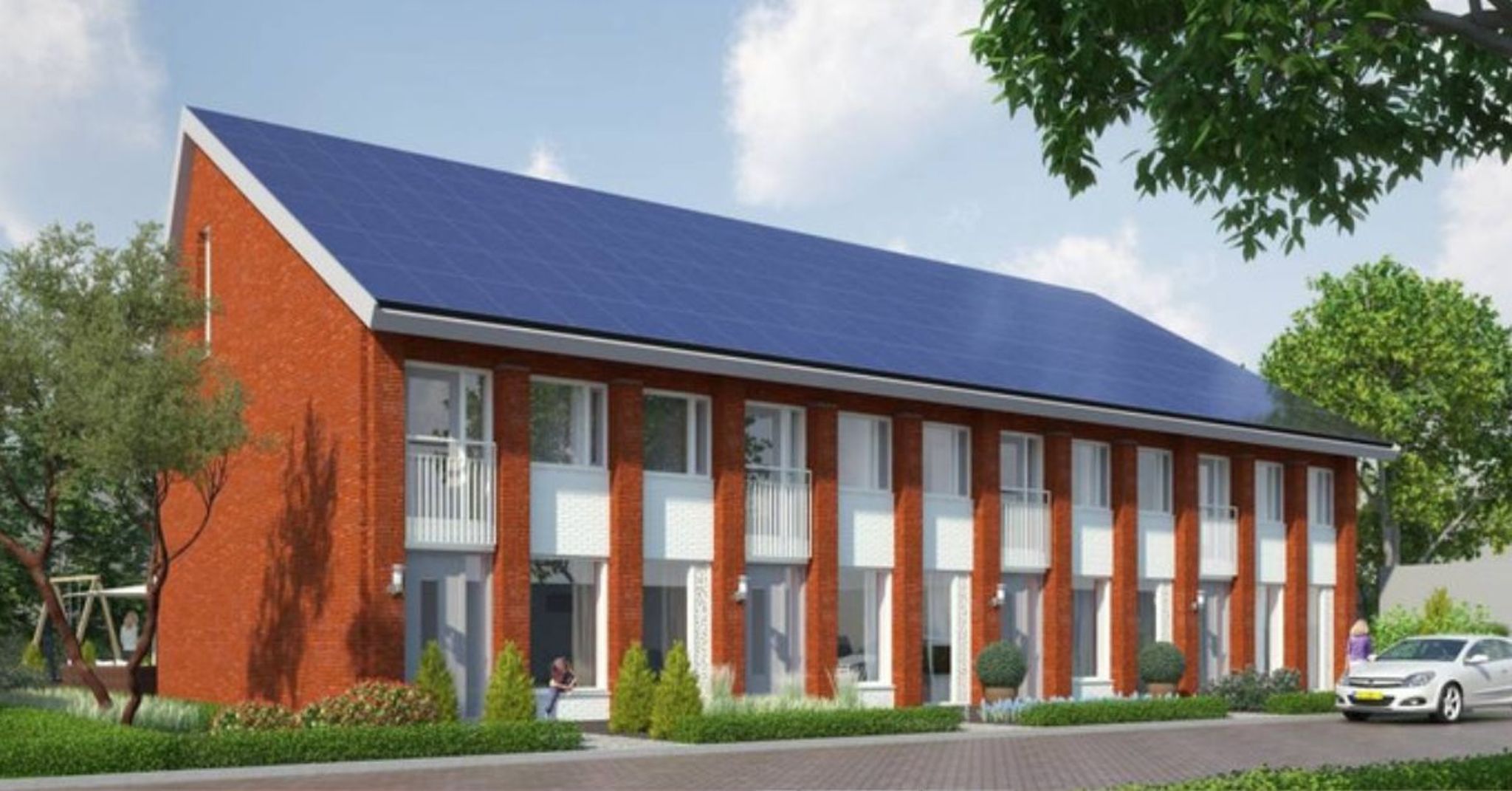 Rendering van energieleverende rijtjeswoningen in Overdinkel met zonnepanelen als dakbedekking.