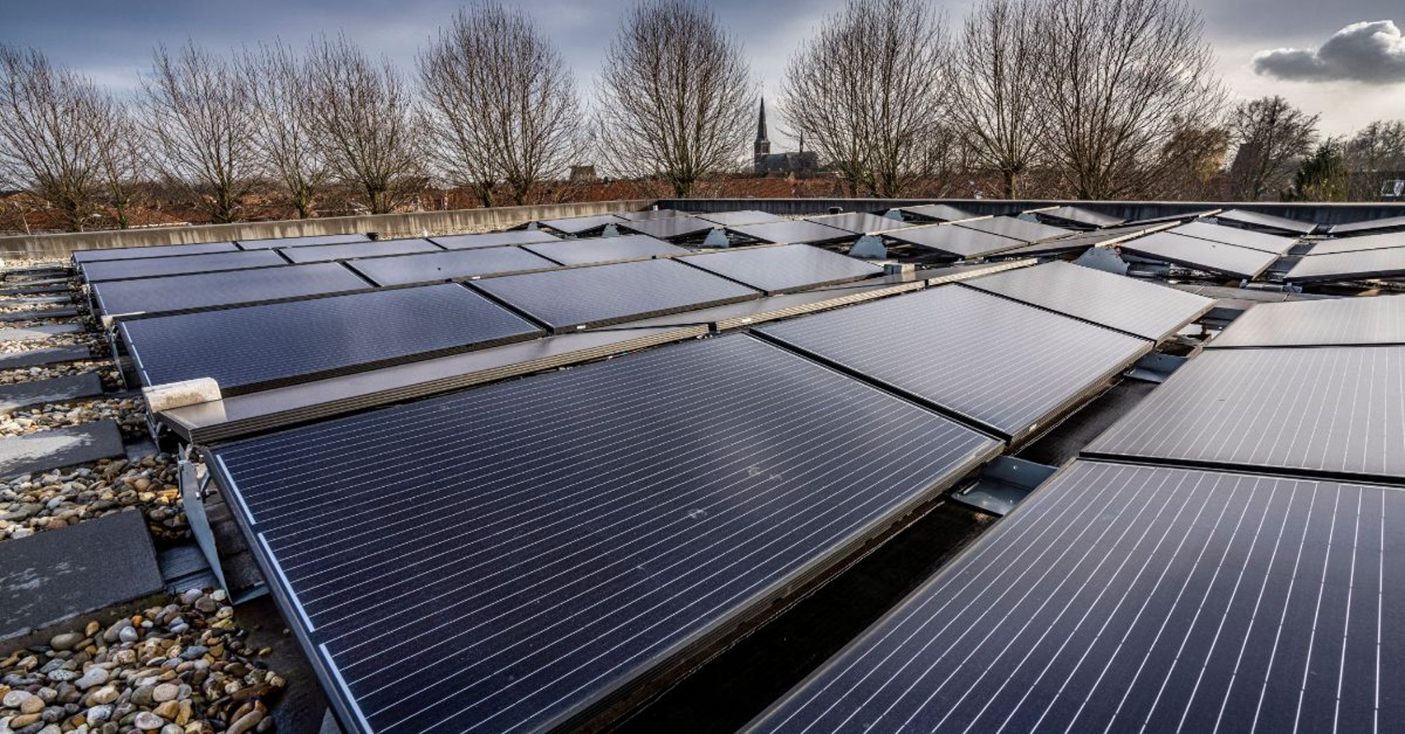Zonnepanelen op een dak met op de achtergrond bomen zonder blad en in de verte een kerktoren.