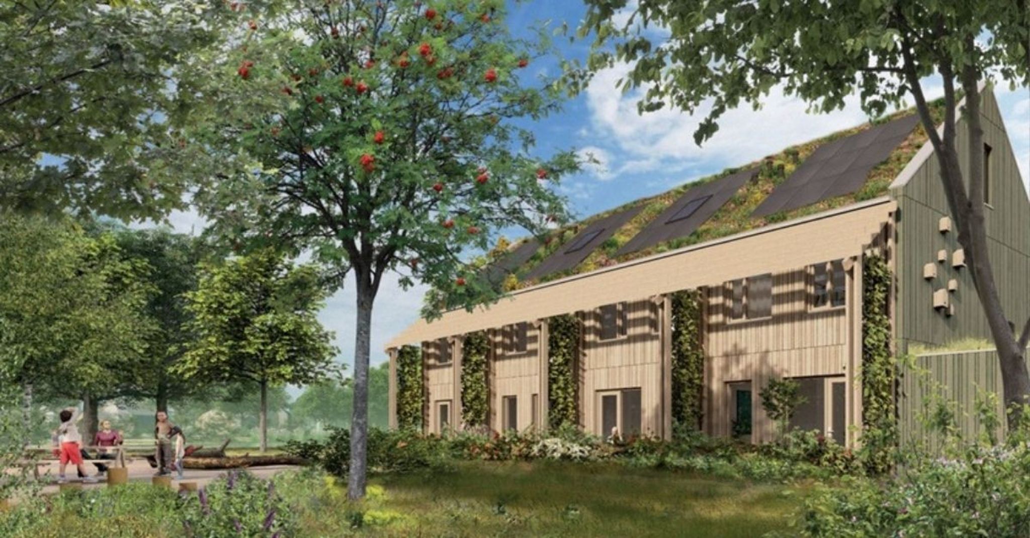 Rijtjeswoningen met groene daken en zonnepanelen, houten gevels met planten, en tuinen met struiken en bomen.