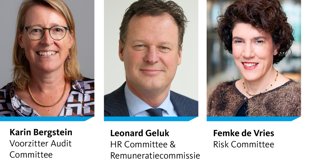 Profielfoto's van commissarissen Karin Bergstein, Leonard Geluk, Femke de Vries